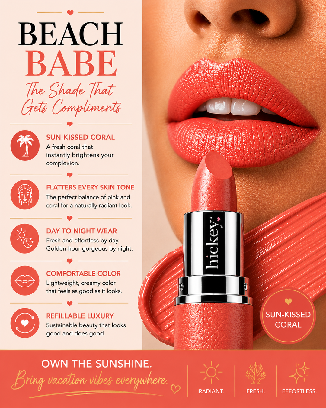 Beach Babe Refill | Peachy Coral Lipstick Refill for Hickey Wearable Lipstick Pendant